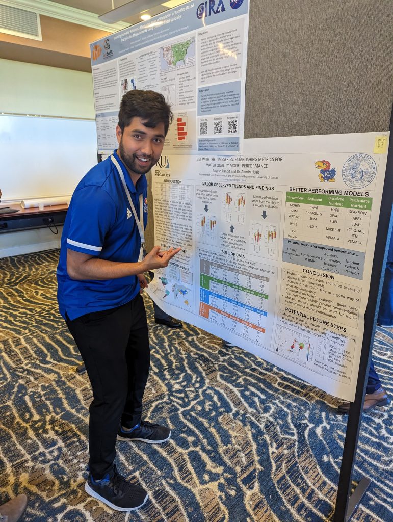 Aayush presents a poster on “Get with the timeseries: establishing metrics for water quality model performance” at the HydroML Symposium.